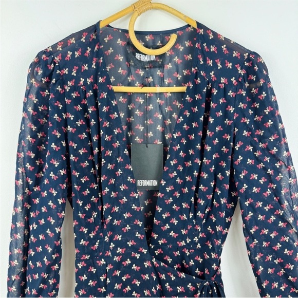 Reformation Dark navy with florals midi wrap dress NWT - Picture 7 of 14